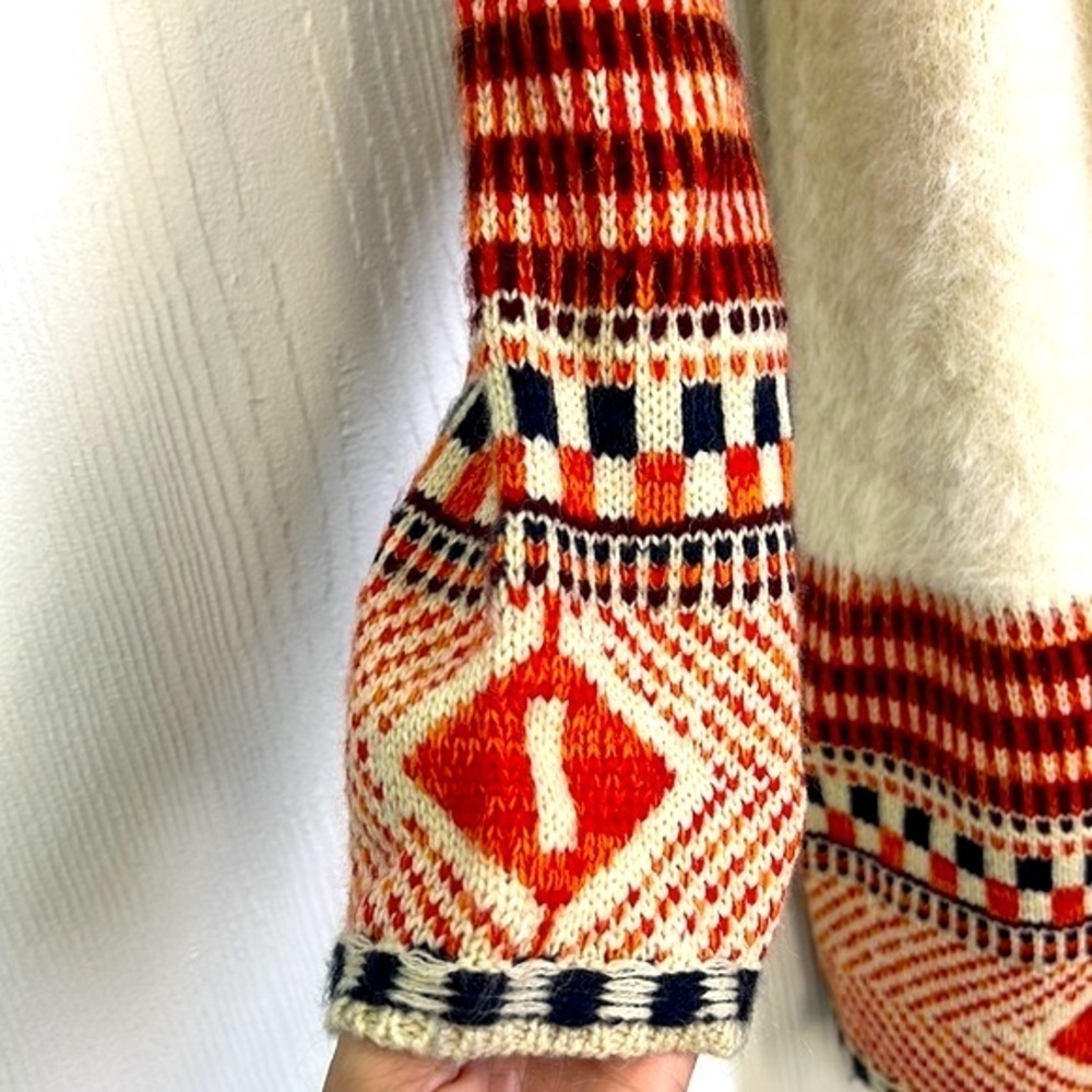 MAX SPORT - Ivory & Orange Long Boho Peruvian Fringe Beautiful Open Cardigan M - Picture 4 of 13